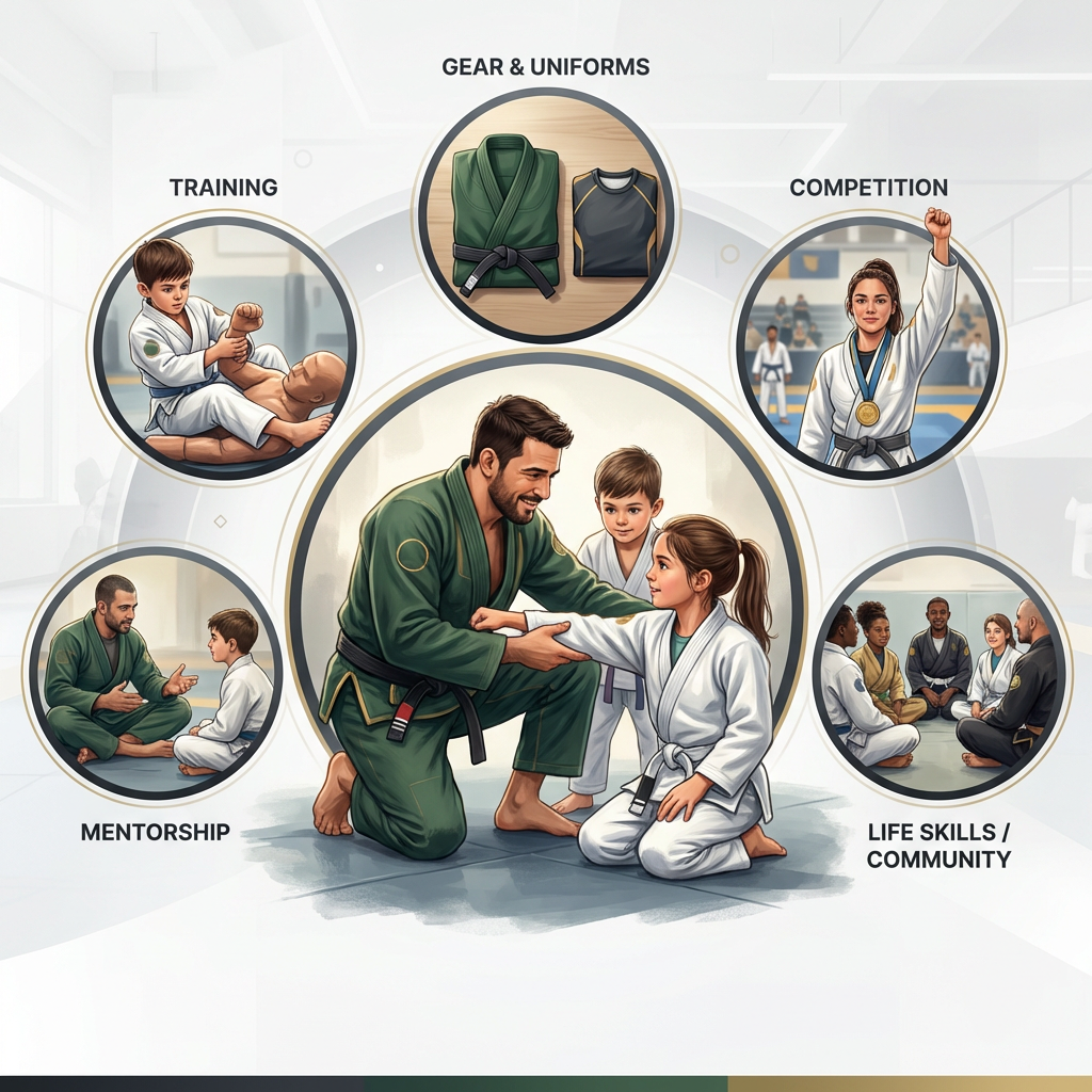 Illustration showing how Cobra Youth Scholarship Foundation supports students through training, gear, mentorship, competition, and community